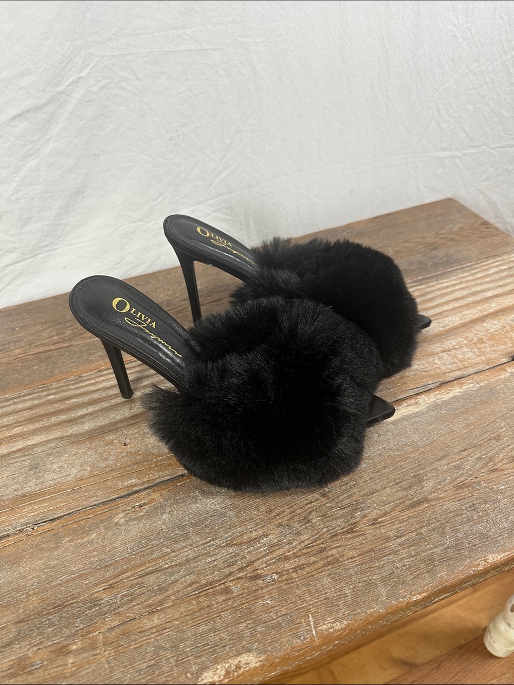 Olivia + Joy Black Faux Fur High-Heel Mules